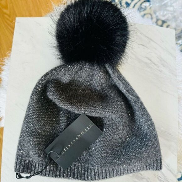 Sofia‎ Cashmere Sequin 100% Cashmere Beanie with Faux Fur Pompom Gray/Black, NWT - Picture 11 of 14